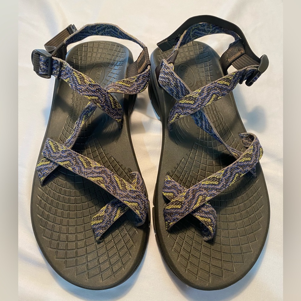 Chaco Men's Black Sandals with Blue and Yellow Patterned Straps